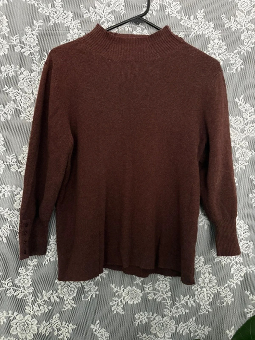Coldwater Creek Women's Brown Solid Knit Mock Neck Pullover Sweater 3/4 M